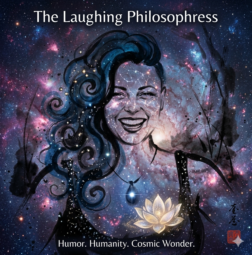 Ink-wash portrait of Julia laughing, rendered over a galaxy backdrop, with the text 'The Laughing Philosophress — Humor. Humanity. Cosmic Wonder.'